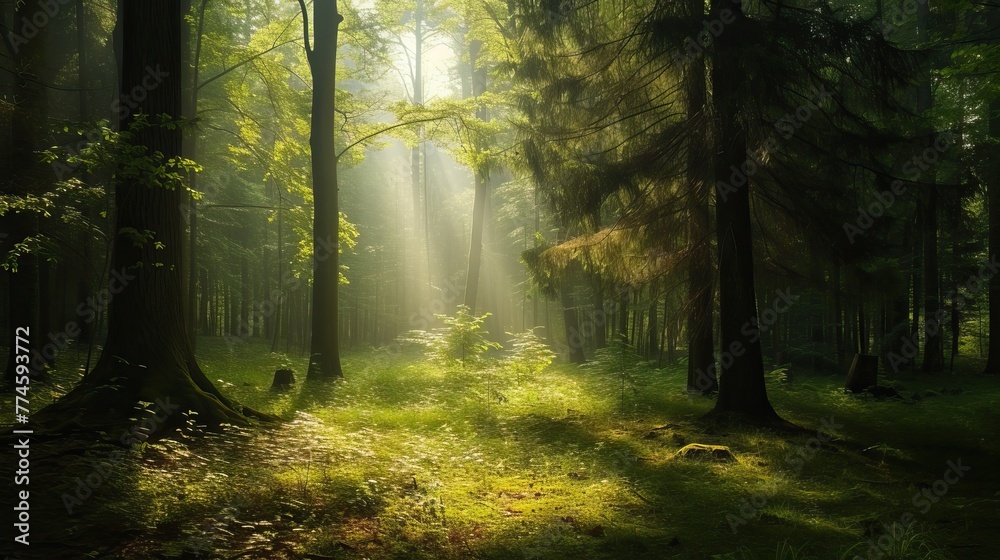 Sunlight filters through the trees, creating a magical dance of light and shadow on the forest floor