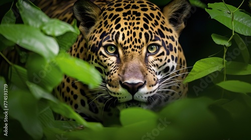 A Camouflaged Leopard Observing from the Dense Jungle Foliage