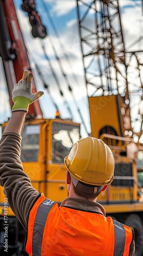 Signal rigger giving signals to a crane with lift truck in the background, illustration made with Generative AI