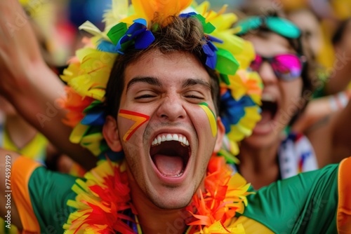 Exuberant fan with face paint cheering in a colorful costume, embodying the vibrant spirit of sports celebrations