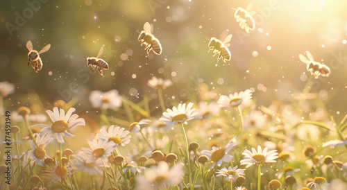 Bees flying in the air above flowers on a green meadow, during spring time in a nature landscape with bees and wildflowers on a sunny day. © Kien