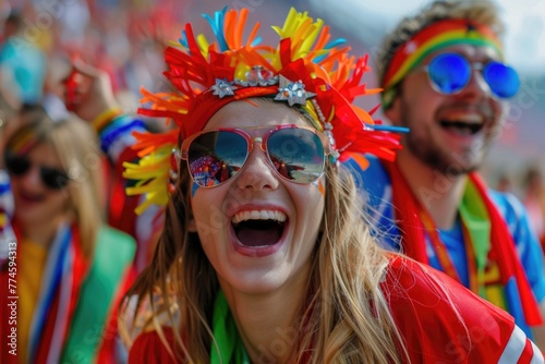 Joyful soccer supporter with colorful sunglasses and headpiece, celebrating at a stadium with infectious laughter