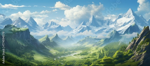 Scenic mountain valley landscape depicted in a beautiful painting  showcasing a serene river flowing through the valley