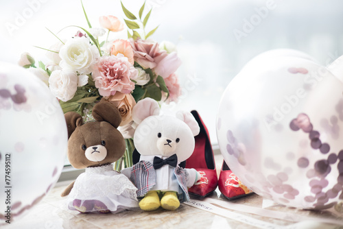 Wedding Bears Cute bear dolls, wedding theme, cityscape background