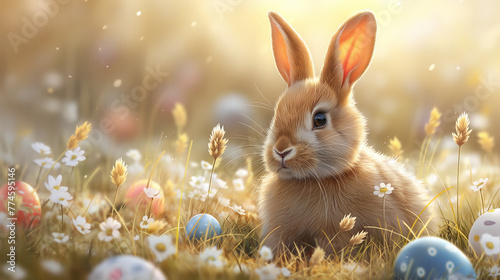 Easter has a rabbit emerging from the grass and around the rabbit there are colored eggs.
