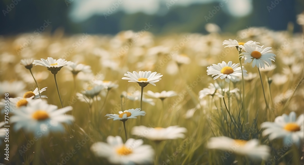  Beautiful nature scene with blooming daisies. Field of daisies with shallow depth of field and bokeh