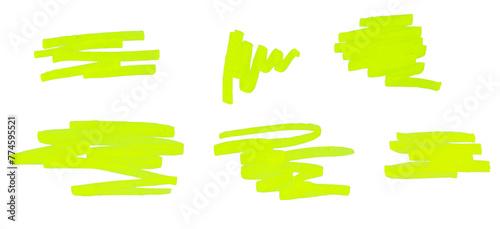 A set of Stroke drawn with neon yellow marker isolated on white