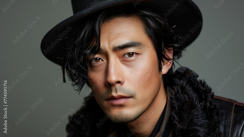 Stylish Asian young man donning a fashionable hat against a neutral background Stylish Asian young man donning a fashionable hat against a neutral background