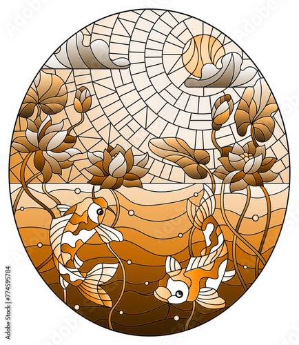 Illustration in stained glass style with a pair of koi carp and Lotus flowers on a background of water and a Sunny sky, oval image, tone brown