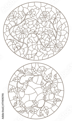Set of contour illustrations in stained glass style with intertwined flowers and leaves, dark outlines on a white background