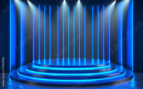Simple blue Podium stage product display cylinder stands. Pedestals stage for product presentation in empty space show . generative ai