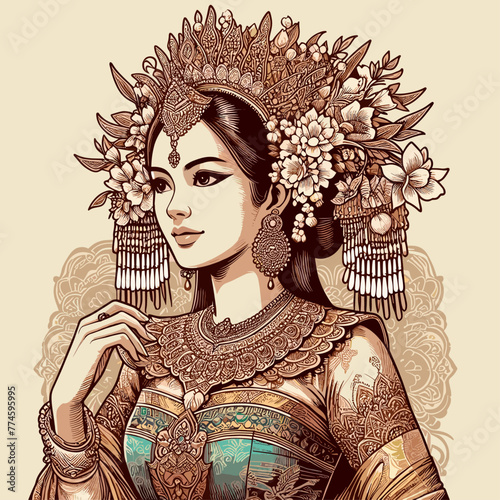 Kartini Indonesian Woman Wearing Traditional Dress illustration