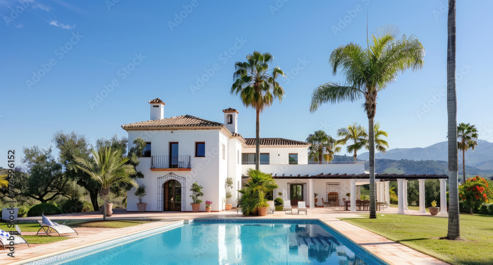 beautiful Spanish villa with a pool and palm trees in the background, blue sky, sunny day, luxury house