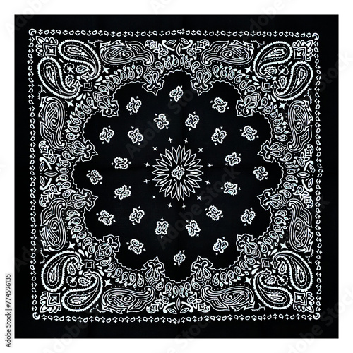 Black bandana with a white pattern. Accessory for concerts, rockers, bikers, rappers, hip-hop, metalheads, punk rock, rap. An element of clothing. Handkerchief for the face of gangsters.