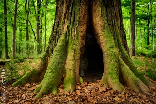 Textured tree trunk and hollow provide habitat in natural woodland setting