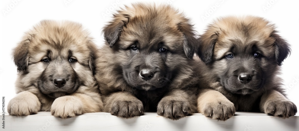 Adorable litter of three puppies with brown and black fur sitting together on a wooden table, showcasing their cute features