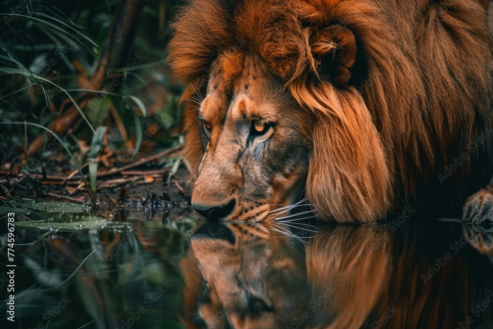Naklejka premium a close up of a lion drinking water