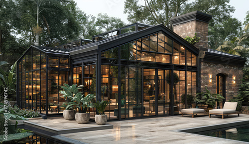 A black metal frame glass house with a large sunroom, surrounded by trees and plants, featuring vintage lights inside the windows. Created with Ai