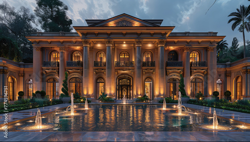 A grand, luxurious mansion with symmetrical architecture and intricate details, featuring large columns at the entrance. Created with Ai photo