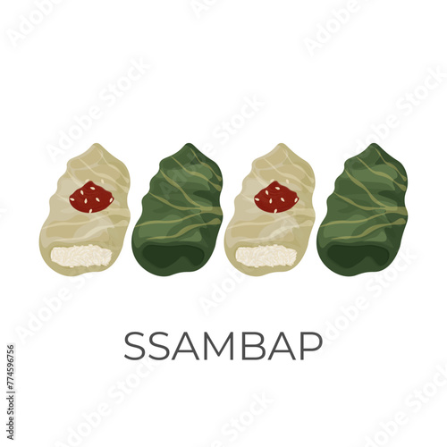 Vector illustration logo ready to eat korean rice wrapped in leaves ssambap 