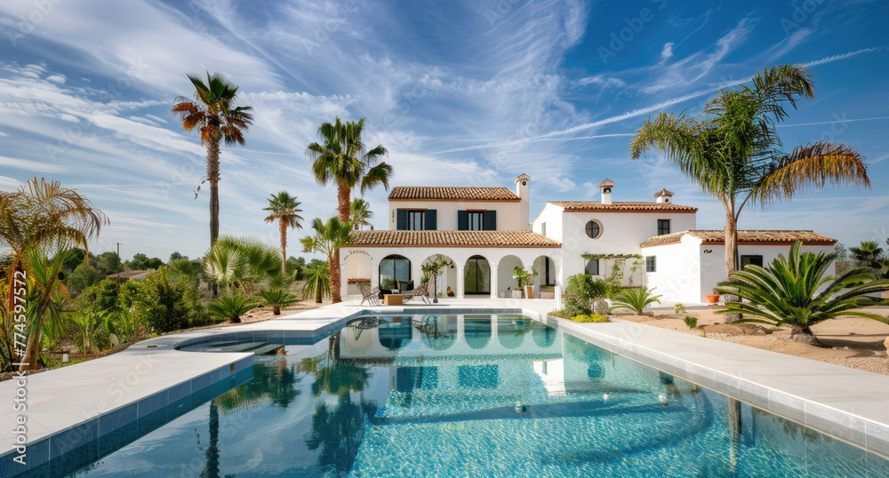 beautiful Spanish villa with a pool and palm trees in the background, blue sky, sunny day, luxury house - obrazy, fototapety, plakaty 
