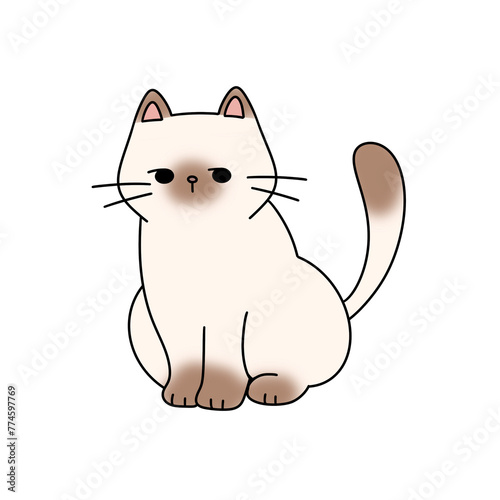 A cartoon cat is sitting on a white background. The cat has a brown spot on its face