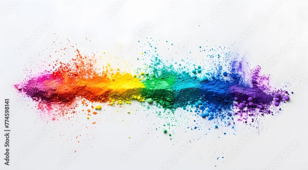 Rainbow Color Powder Explosion on White Background, Flat Lay Composition