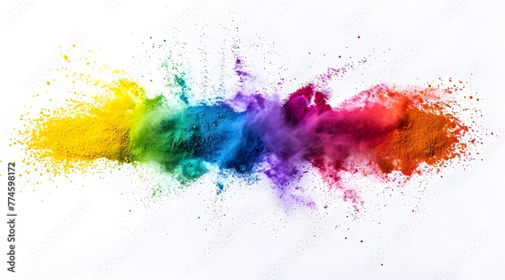 Rainbow Color Powder Explosion on White Background, Flat Lay Composition