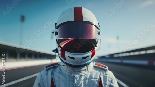 Formula 1 Driver Wearing an Astronaut Suit Standing in the Middle of the Racetrack, Helmet Open to Reveal His Face