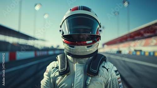 Formula 1 Driver Wearing an Astronaut Suit Standing in the Middle of the Racetrack, Helmet Open to Reveal His Face