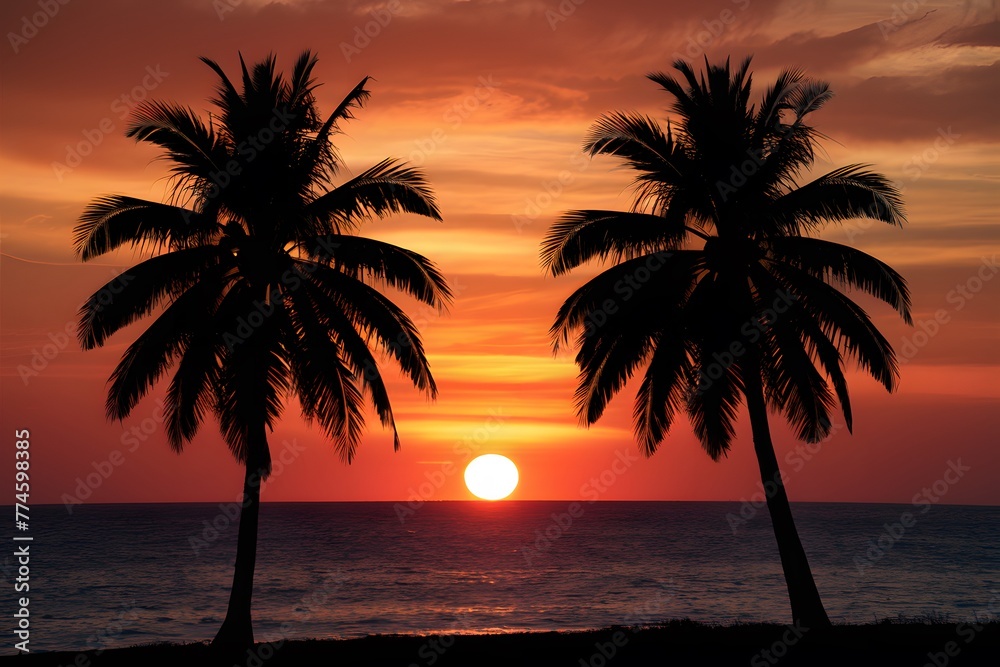 Vibrant sunset over tranquil Caribbean coastline, palm trees silhouette