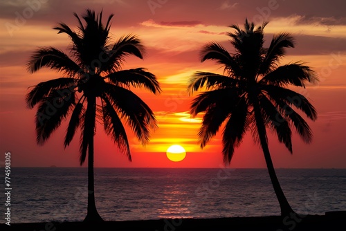 Vibrant sunset over tranquil Caribbean coastline  palm trees silhouette
