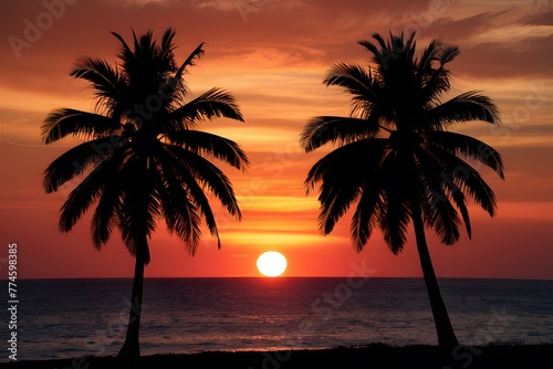 Vibrant sunset over tranquil Caribbean coastline  palm trees silhouette