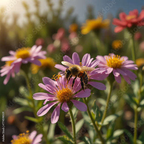 Colorful flowers blooming in springtime and a honey bee foraging for pollen. 02.