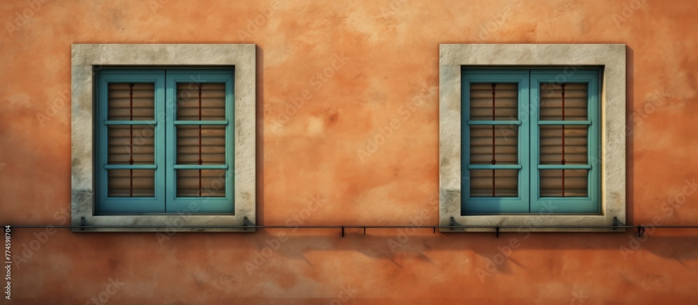 A building with a wall featuring two windows adorned with lovely blue shutters