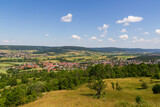 Panorama of hills and village Kirchehrenbach seen from mountain Walberla in Franconian Switzerland, Germany