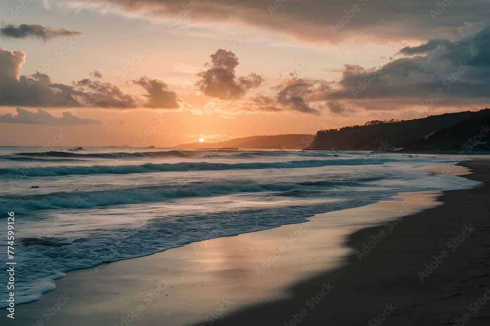 Waves on beach in the evening, coastal landscape photo