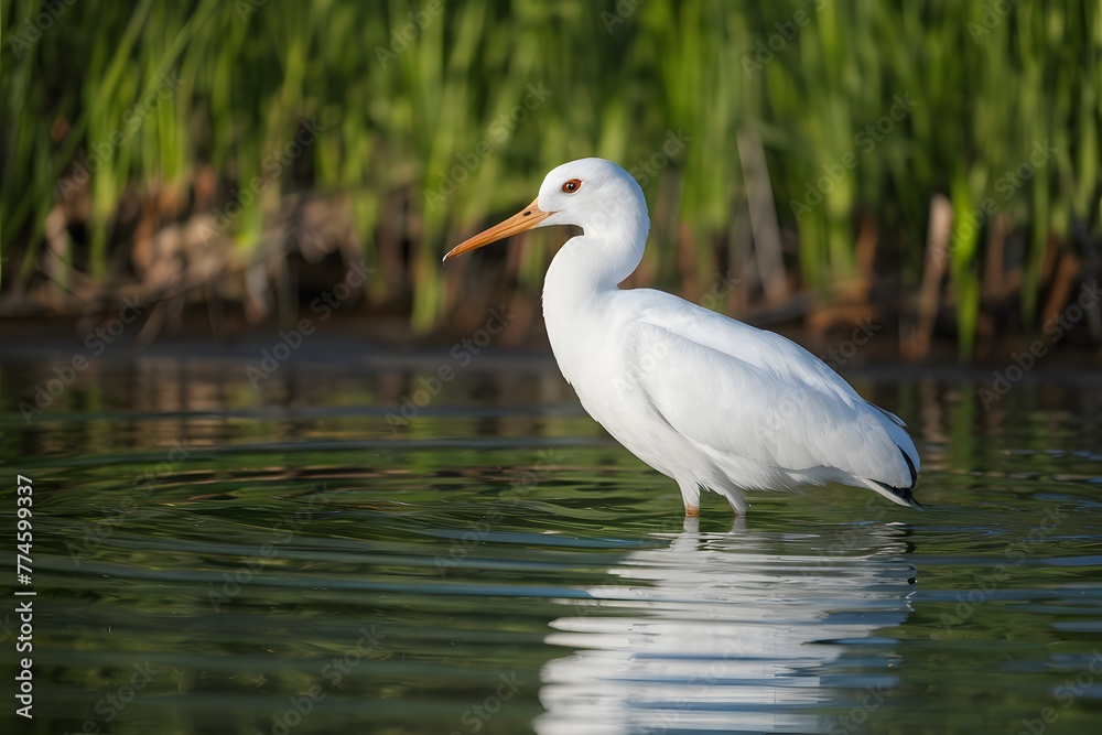 White bird stands gracefully in serene waters, a tranquil image White bird stands gracefully in serene waters, a tranquil image