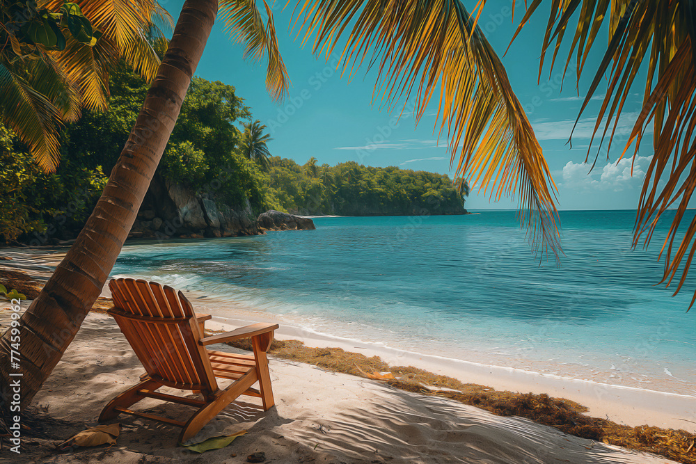 A wooden beach chair is placed next to the breathtaking turquoise sea. Sunlight streams through the palm leaf