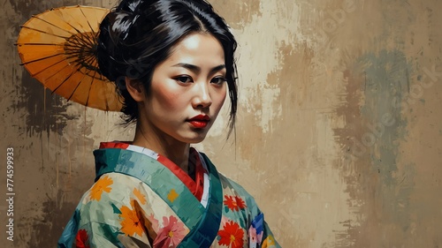 typical traditional japanese woman abstract portrait oil pallet knife paint painting on canvas with large brush strokes art illustration on plain white background from Generative AI