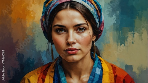 typical traditional romanian woman abstract portrait oil pallet knife paint painting on canvas with large brush strokes art illustration on plain white background from Generative AI