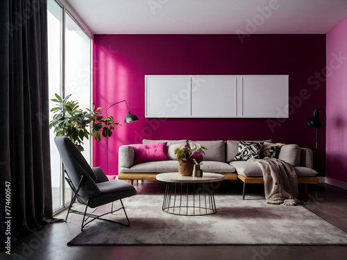 Deep magenta-coloured living room interior concept  