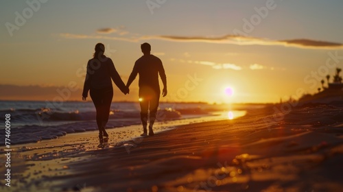 Romantic Beach Walk Silhouette at Sunset.