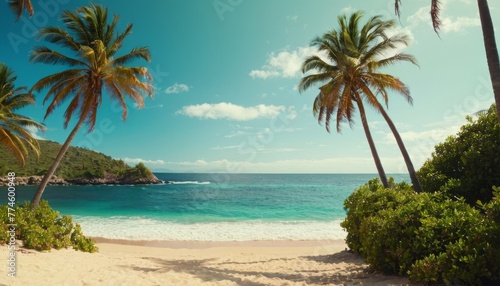 Beach with palm trees  ocean view  summer background illustration concept