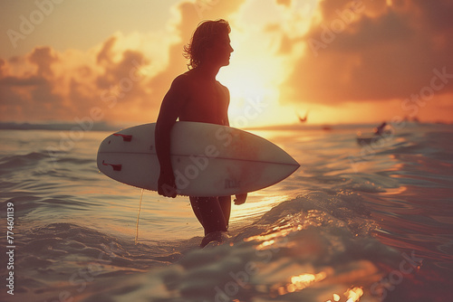 Surfer Silhouetted Against Sunset Over Ocean © meta-frames