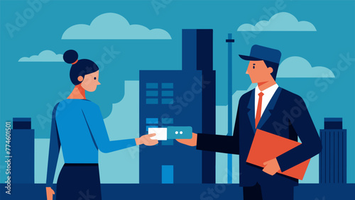 A detailed shot of two individuals in business attire exchanging business cards in front of a factory entrance signifying the establishment of