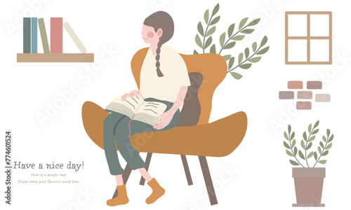 ソファでくつろいで本を読む女性（シンプルタッチ）