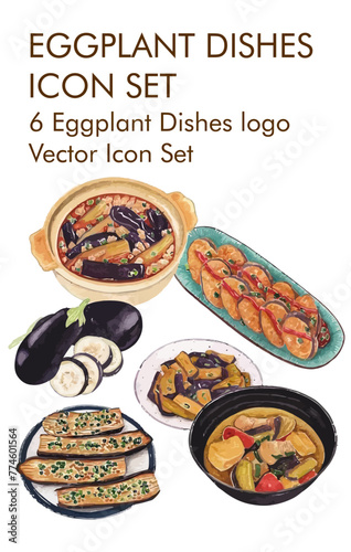 Eggplant dishes logo vector icon set 