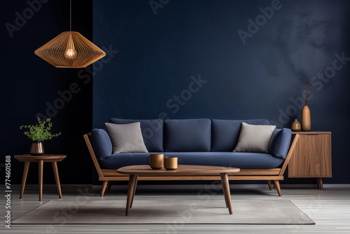 Blue living room interior with midcentury modern furniture wooden coffee table and decorative accessories