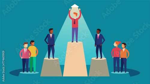 An illustration depicts a group of people standing on a pedestal with a spotlight shining down on them symbolizing the favoritism and praise photo